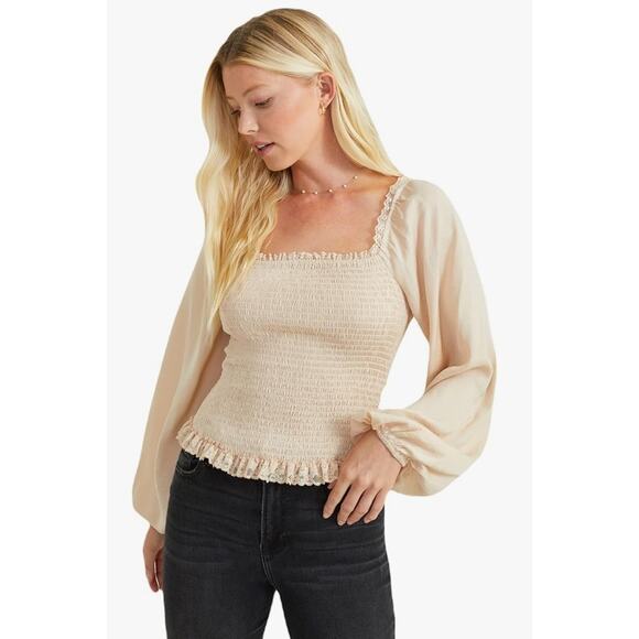 Altar'd State women's long sleeve swiss dot smocked bodice top mauve Milkmaid - Picture 11 of 11